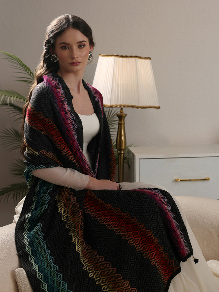 Libas Black Geometric Knitted Acrylic Wrap Shawl