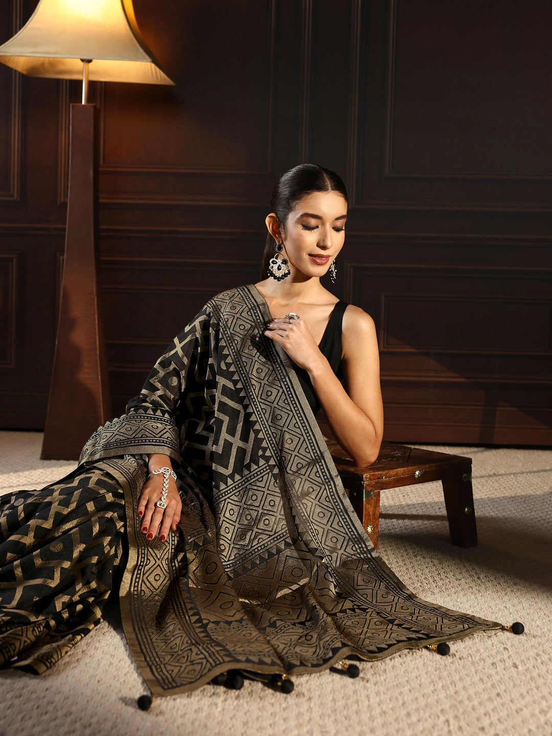 Libas Black Geometric Woven Design Silk Blend Saree