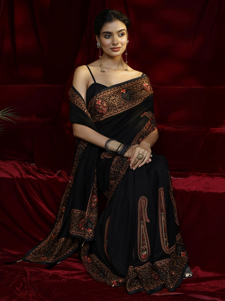 Libas Black Paisley Embroidered Silk Blend Saree
