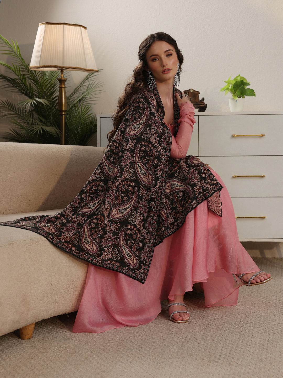 Libas Black Paisley Knitted Acrylic Shawl