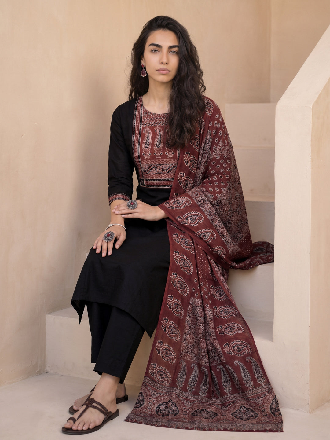 Libas Black Paisley Printed Cotton Straight Suit Set