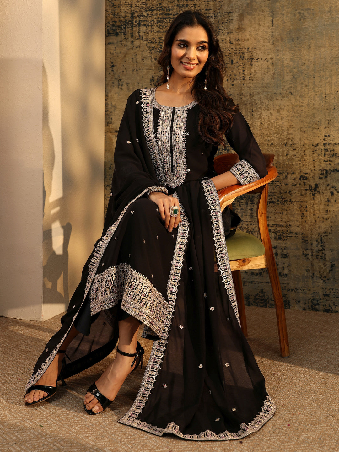 Libas Black Sequins Embellished Georgette Straight Suit Set