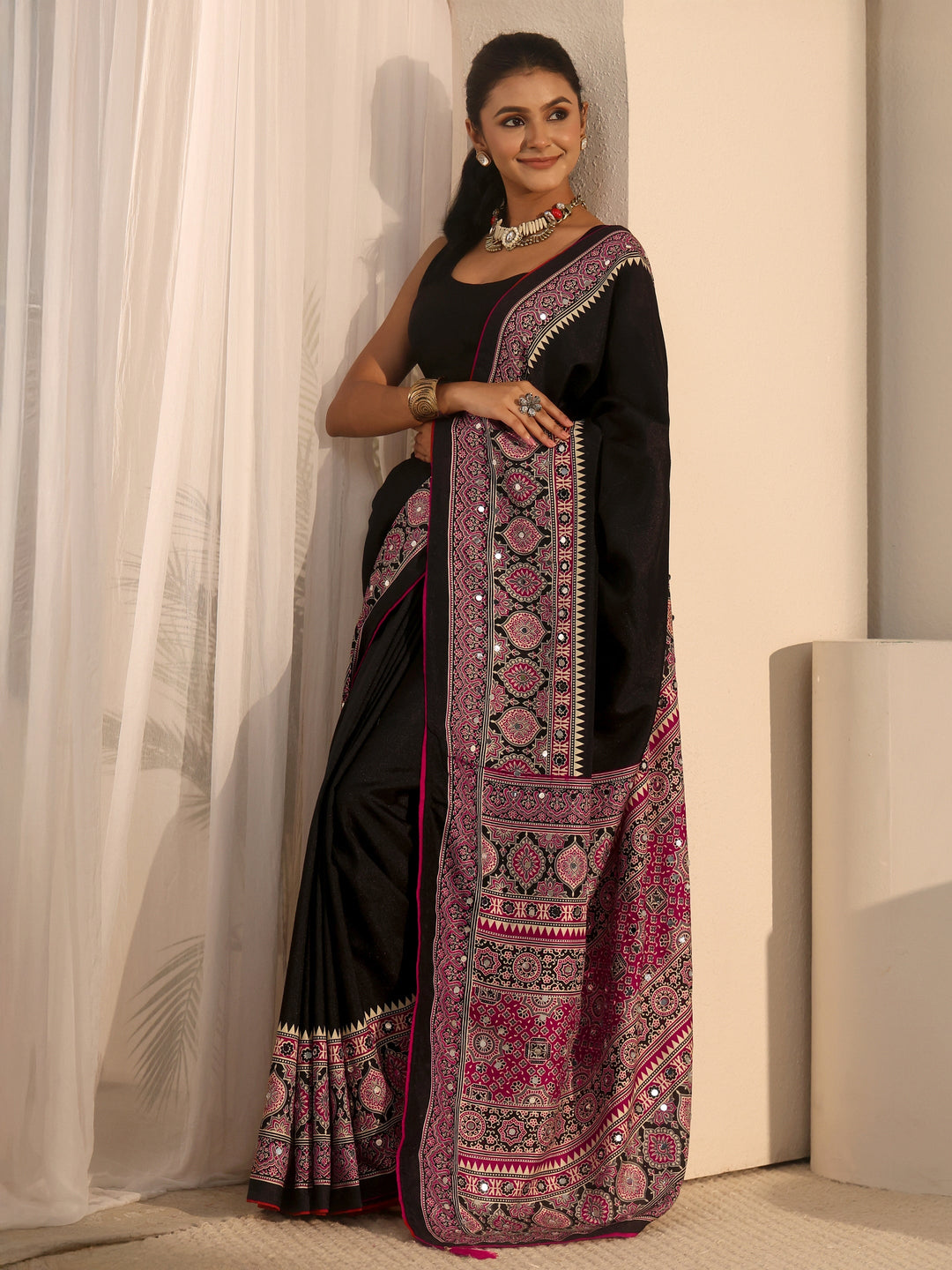 Libas Black Silk Blend Saree with Ajrakh Printed Pallu