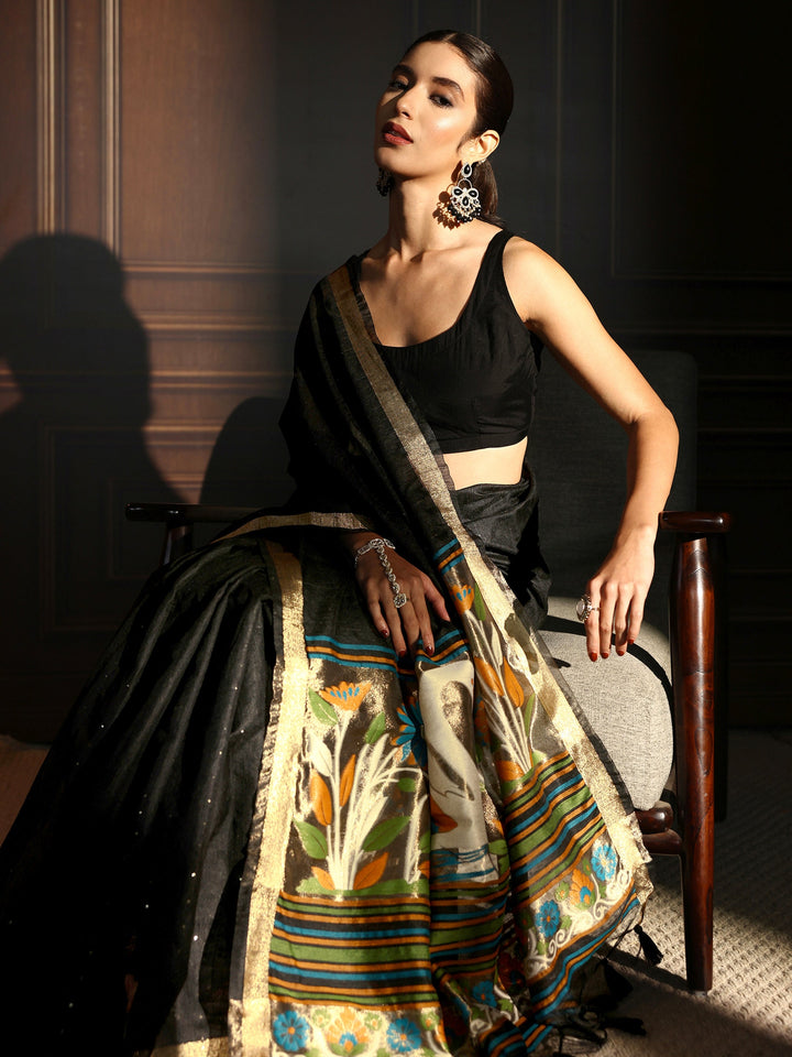 Libas Black Silk Blend Saree with Woven Design Pallu
