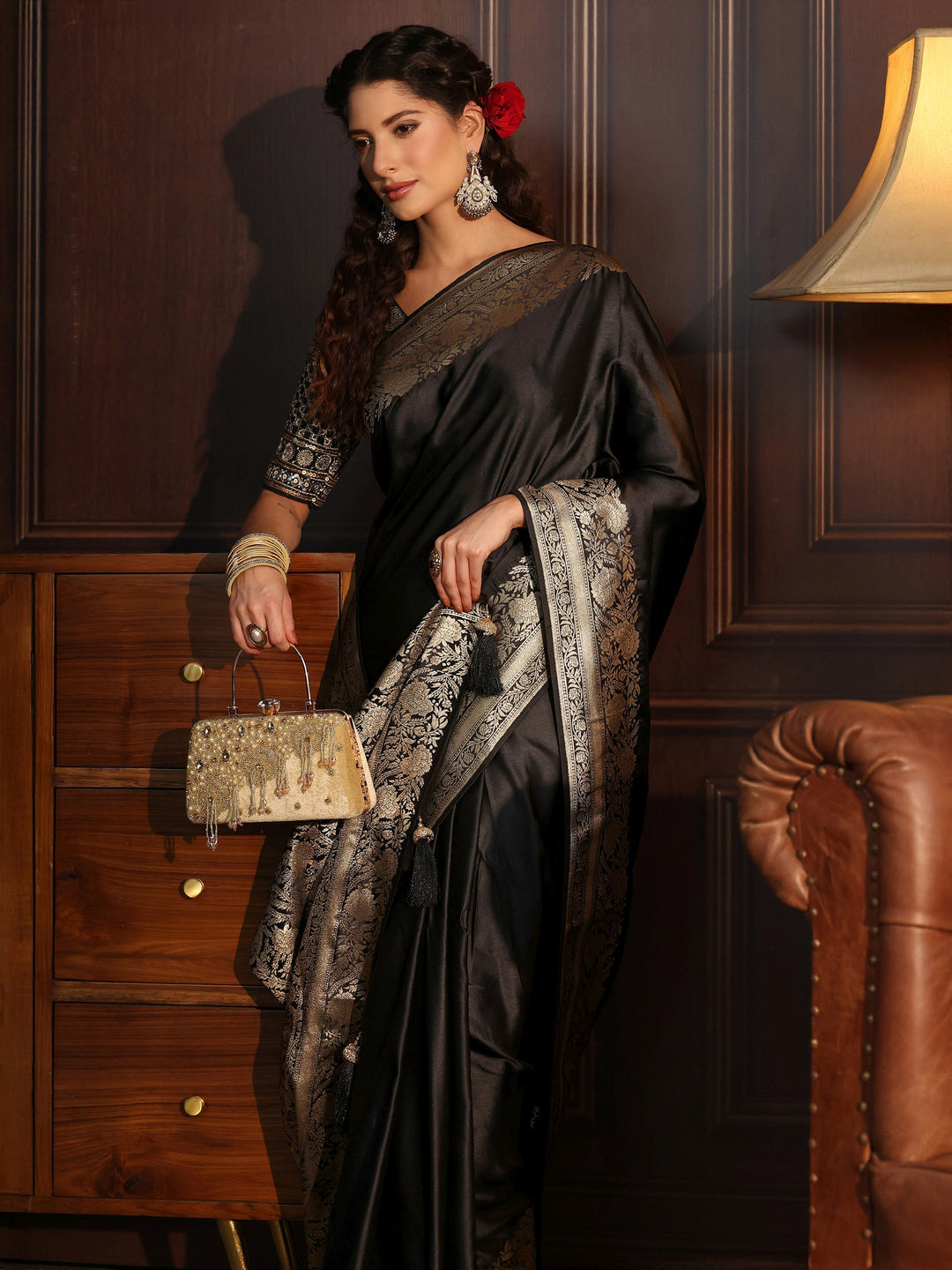 Libas Black Silk Blend Tassel Saree with Floral Woven Border