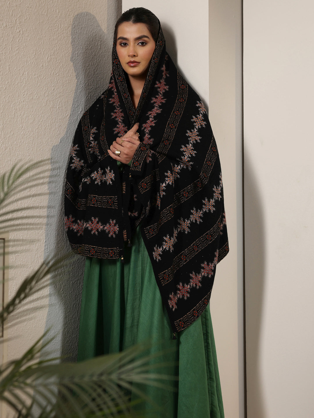 Libas Black Snowflake Knitted Acrylic Wrap Shawl