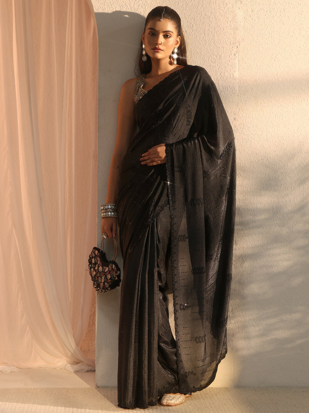Libas Black Stone Work Embellished Satin Saree with Scalloped Border