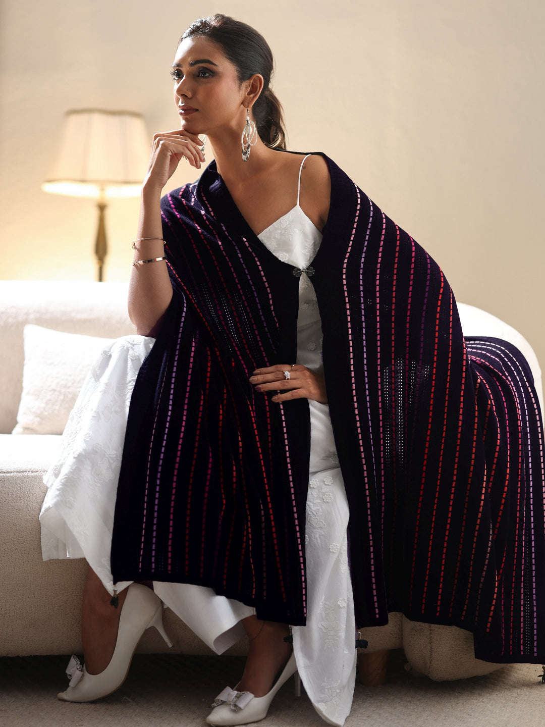Libas Black Striped Knitted Acrylic Wrap Shawl