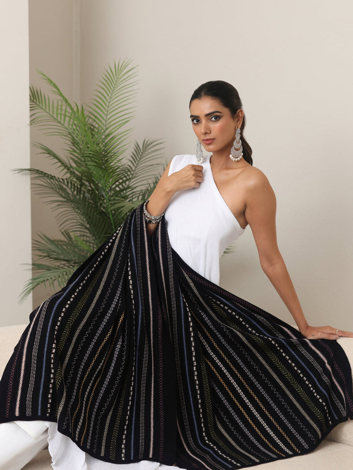 Libas Black Striped Knitted Acrylic Wrap Shawl