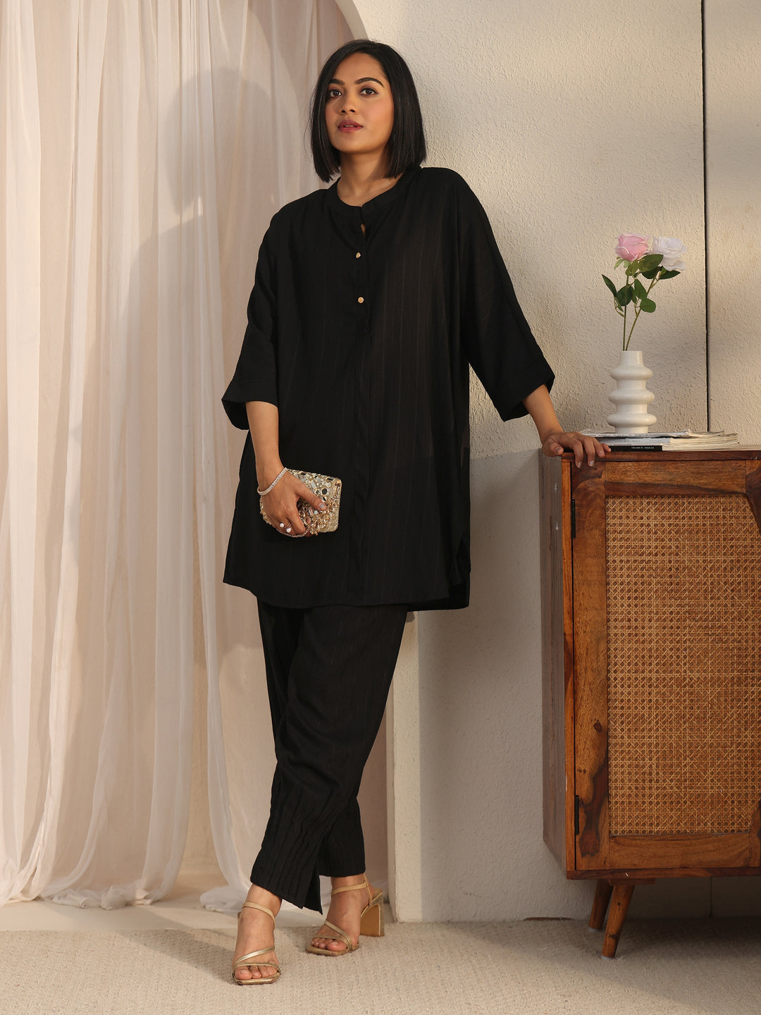Libas Black Striped Woven Design Rayon Co-Ord Set