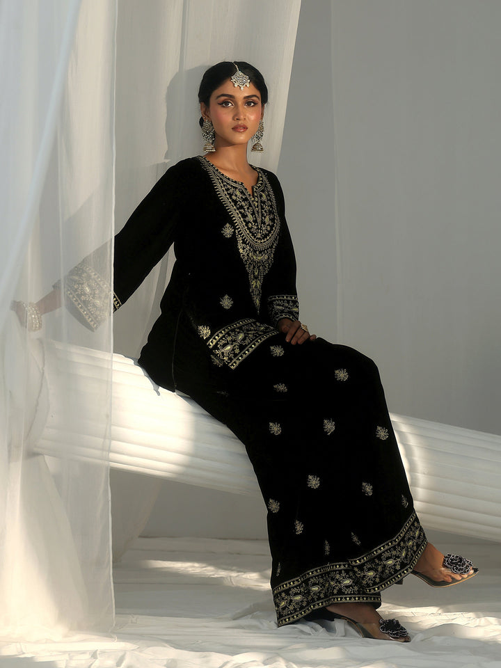 Libas Black Yoke Embroidered Design Velvet Co-Ord Set