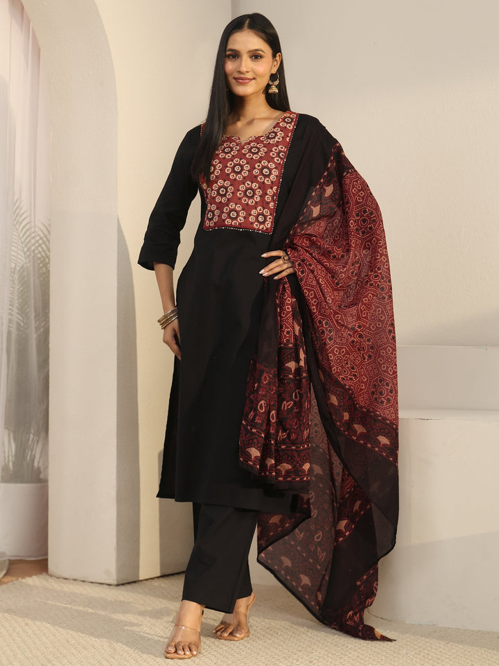 Libas Black Yoke Printed Cotton Straight Suit Set