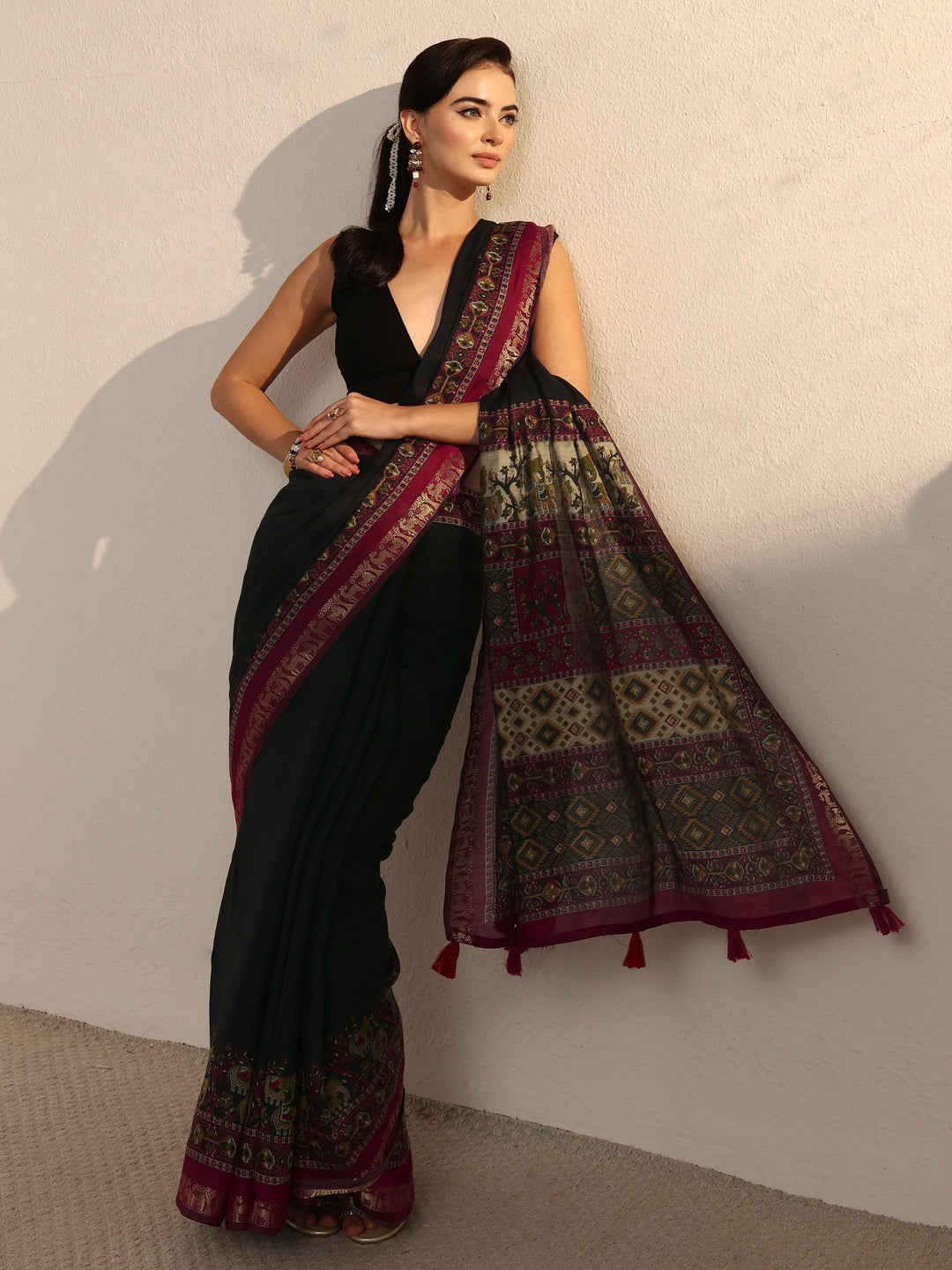 Libas Black and Red Printed Silk Blend Tassel Saree