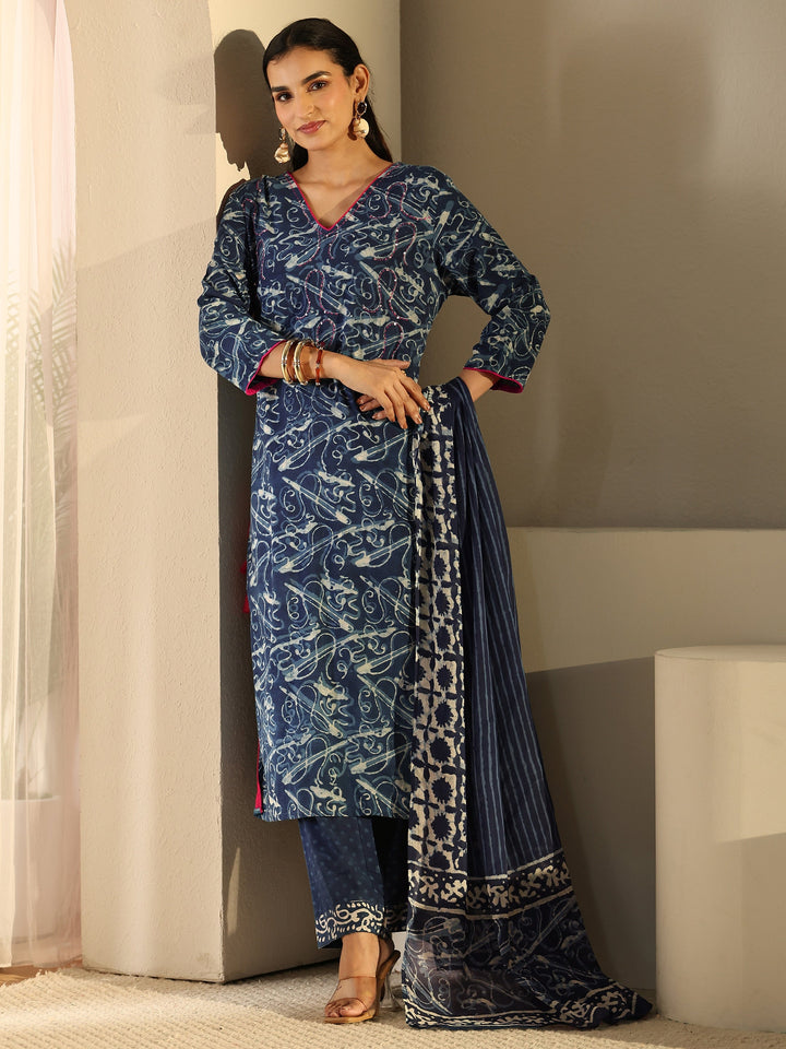 Libas Blue Abstract Printed Cotton Straight Suit Set
