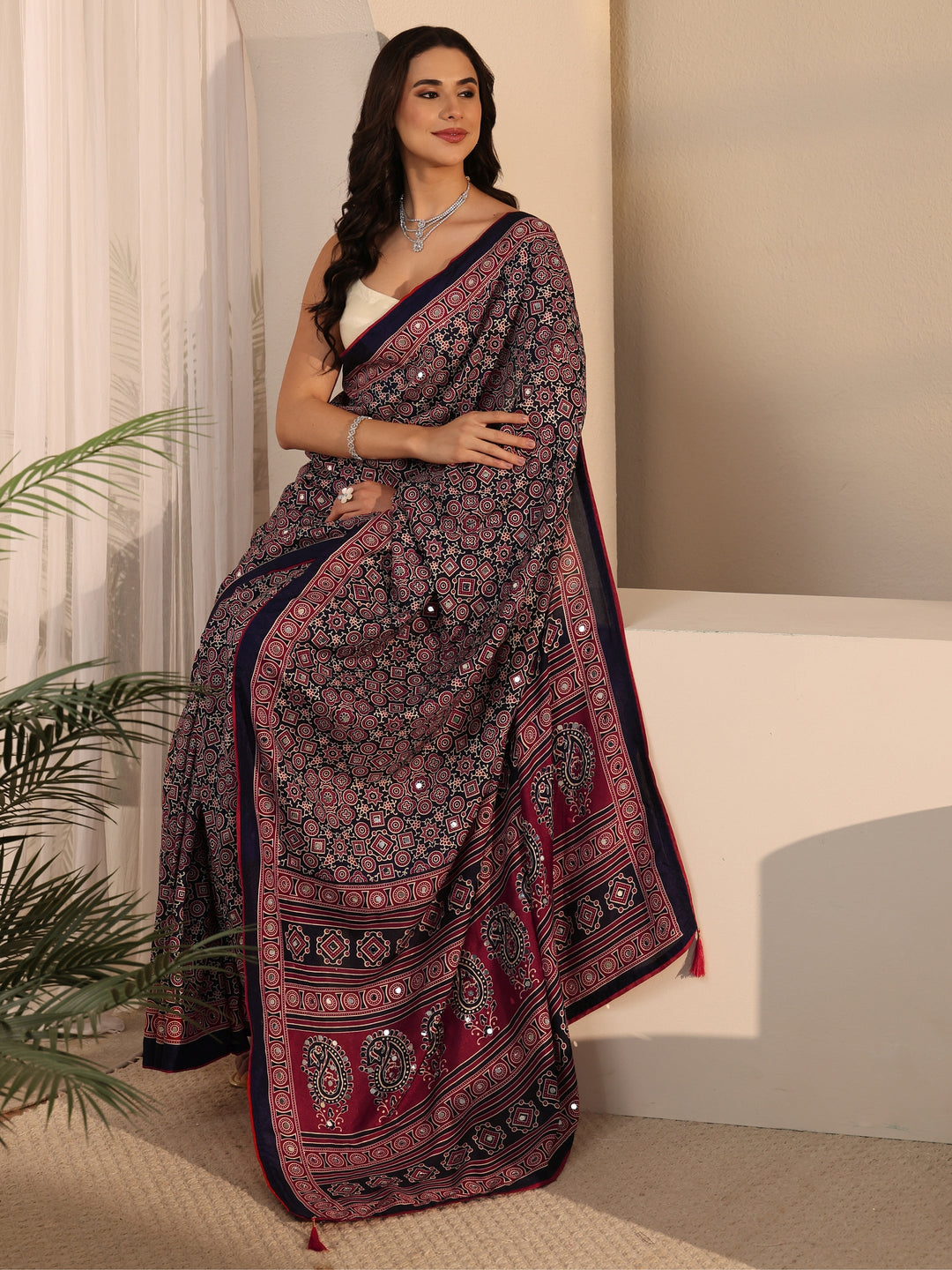 Libas Blue Ajrakh Printed Silk Blend Saree