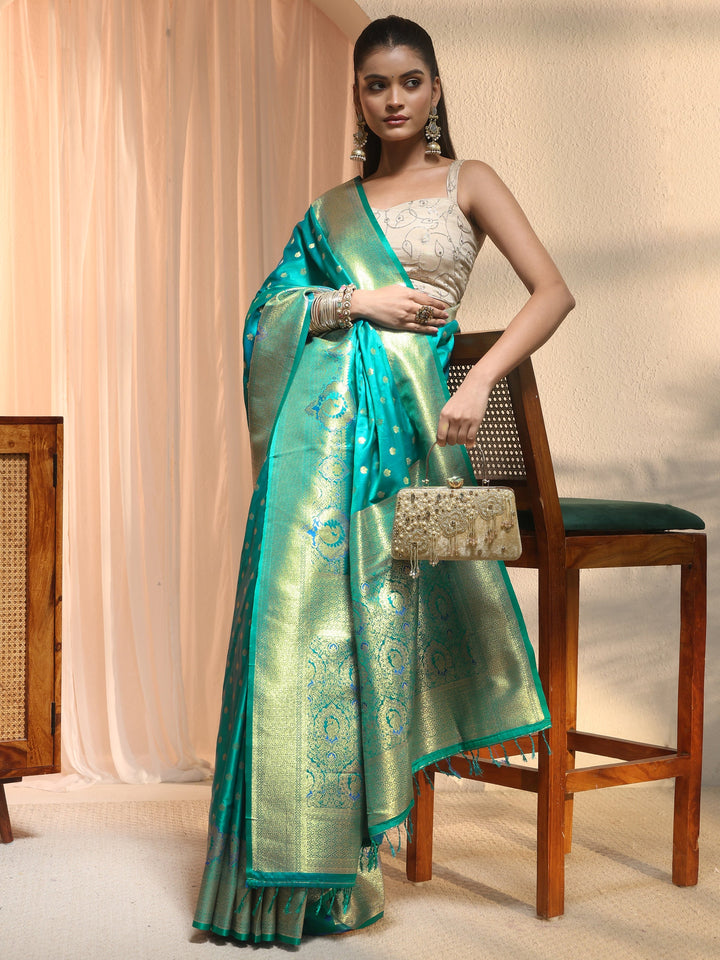 Libas Blue Banarasi Satin Tassel Saree