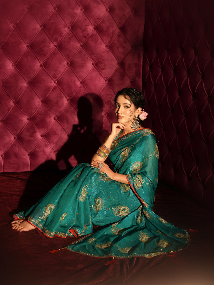 Libas Blue Elephant Motif Printed Tissue Saree with Stone Work