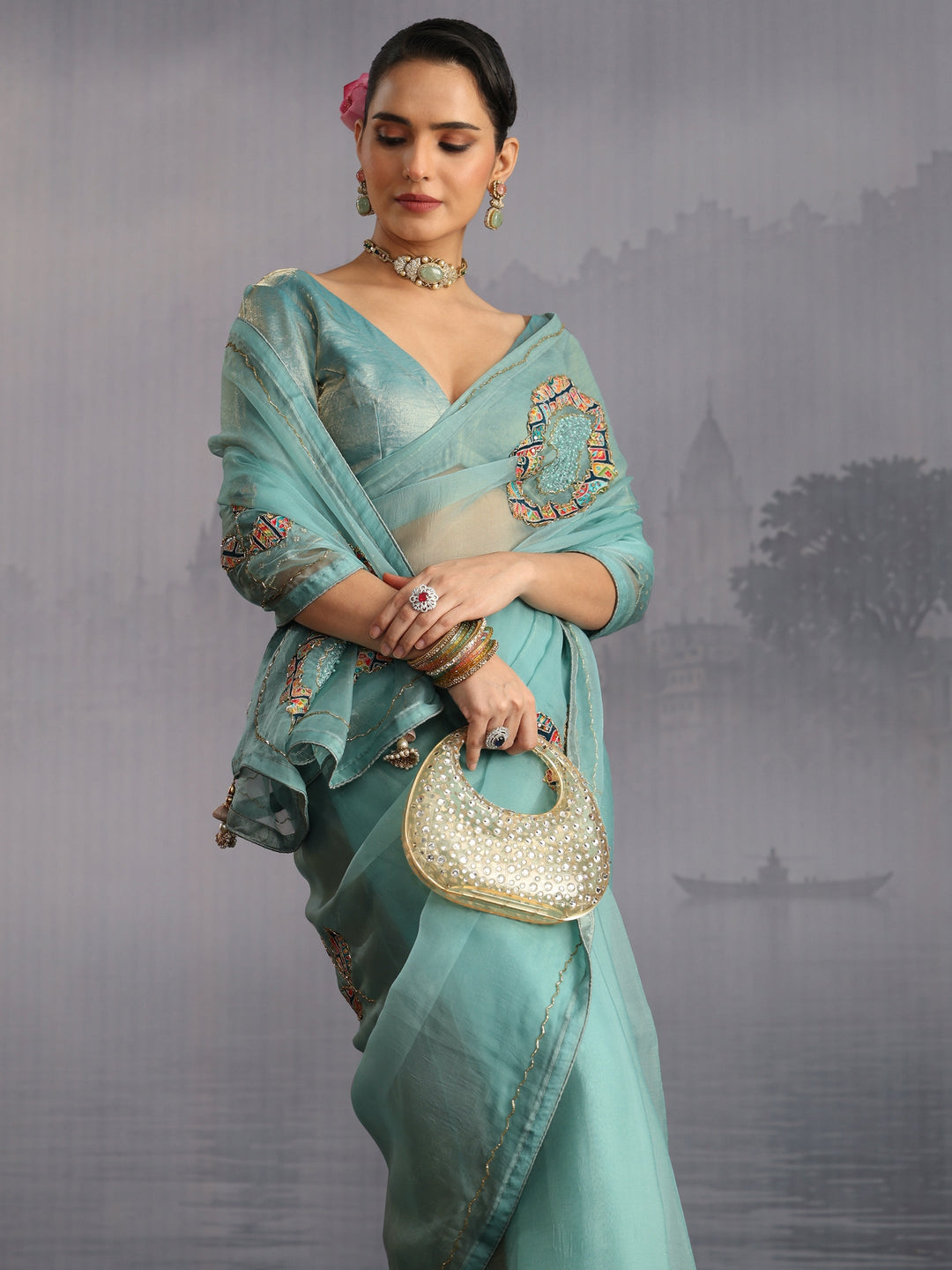 Libas Blue Embellished Tissue Saree with Applique Work