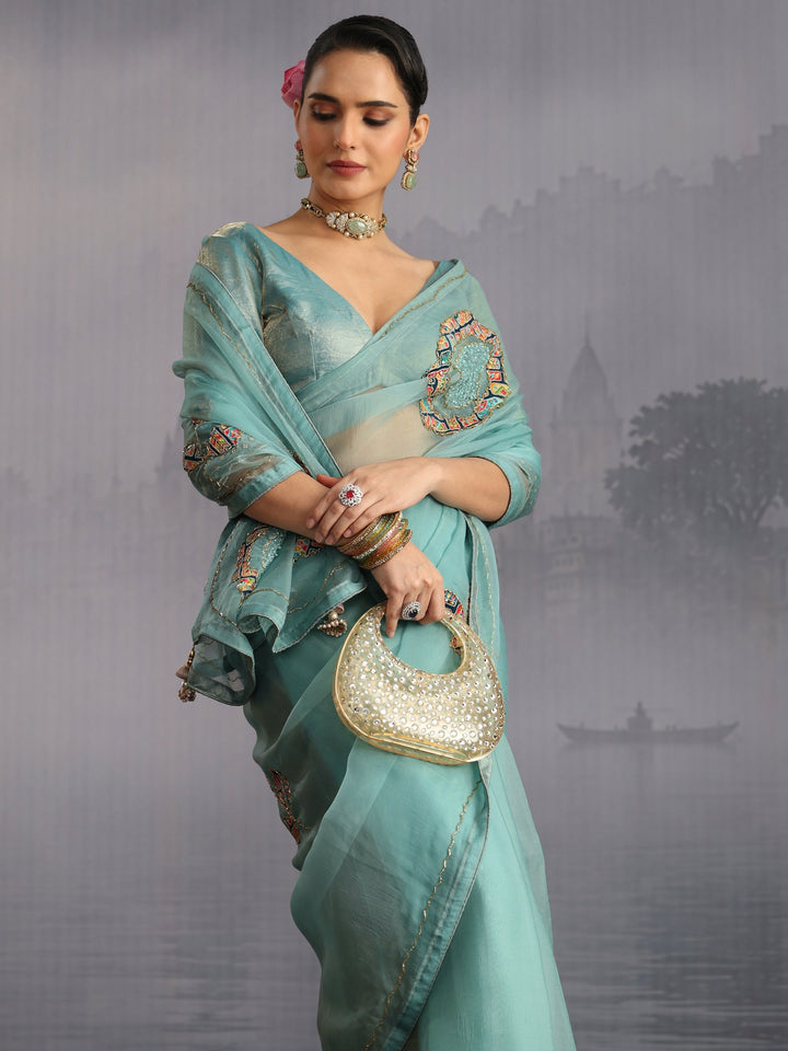 Libas Blue Embellished Tissue Saree with Applique Work