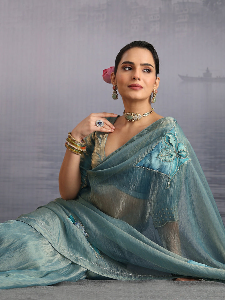 Libas Blue Embellished Tissue Saree with Applique Work