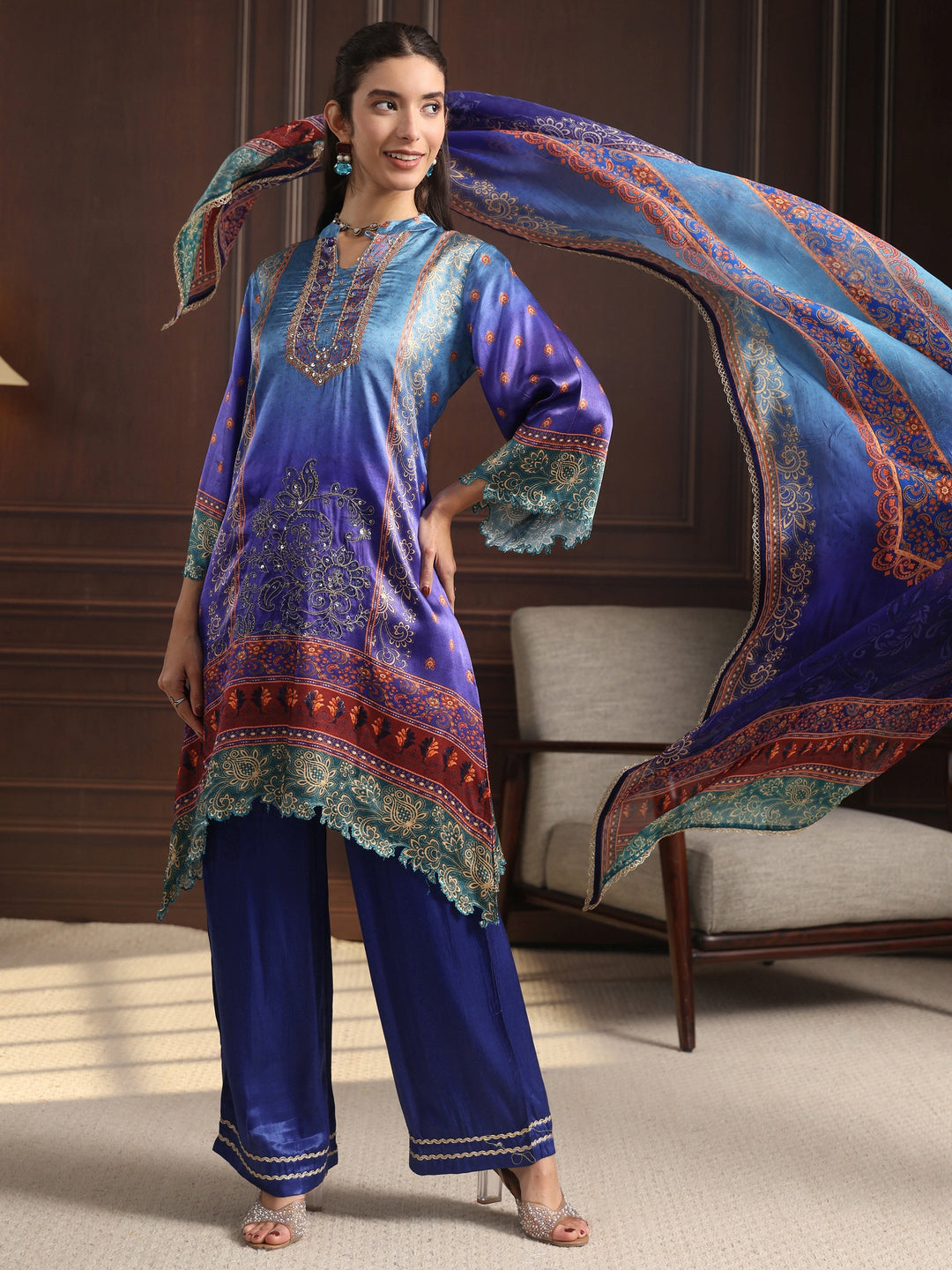 Libas Blue Embroidered Crepe High Low Suit Set