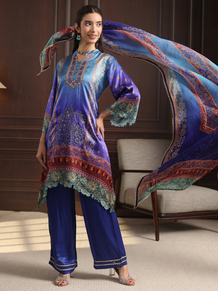 Libas Blue Embroidered Crepe High Low Suit Set