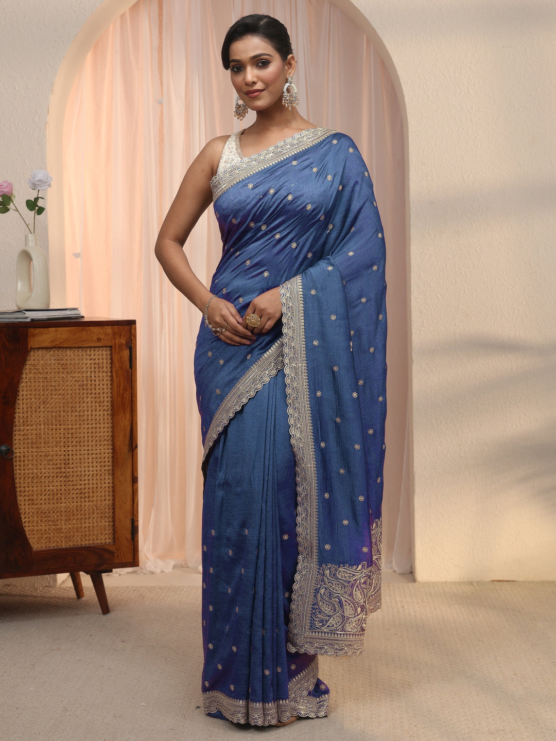 Libas Blue Embroidered Silk Blend Saree with Paisley Pallu