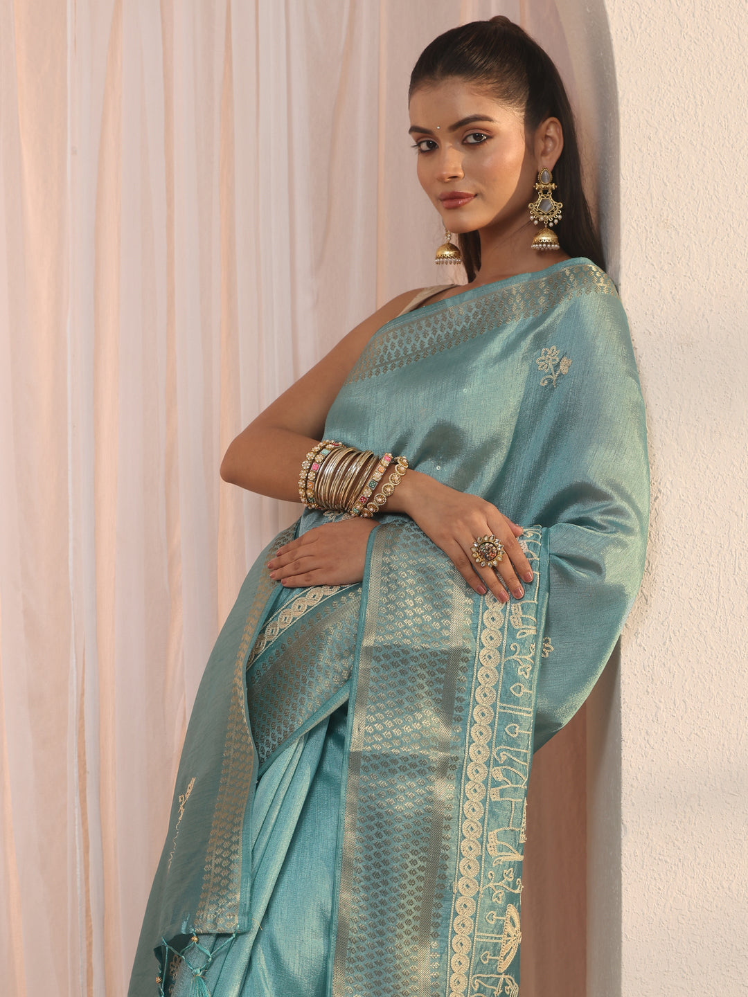 Libas Blue Ethnic Embroidered Silk Blend Tassel Saree