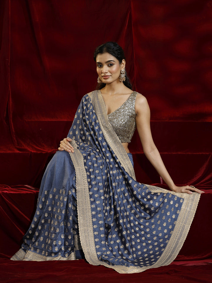 Libas Blue Ethnic Motif Embroidered Silk Blend Saree