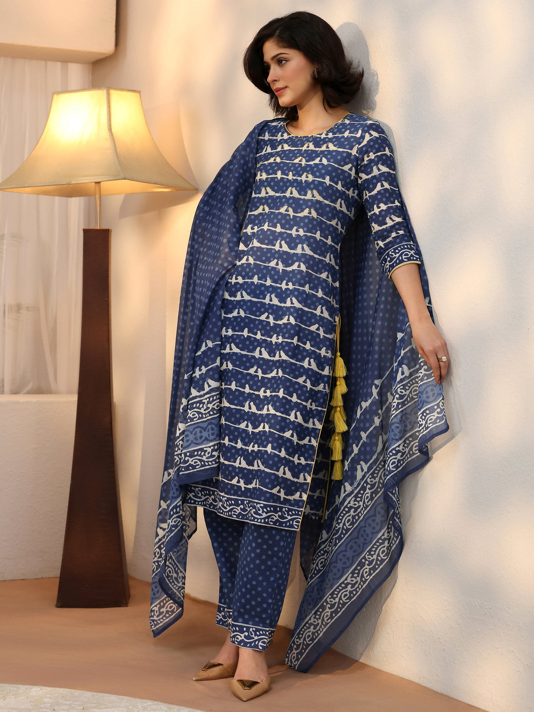 Libas Blue Ethnic Printed Cotton Straight Suit Set