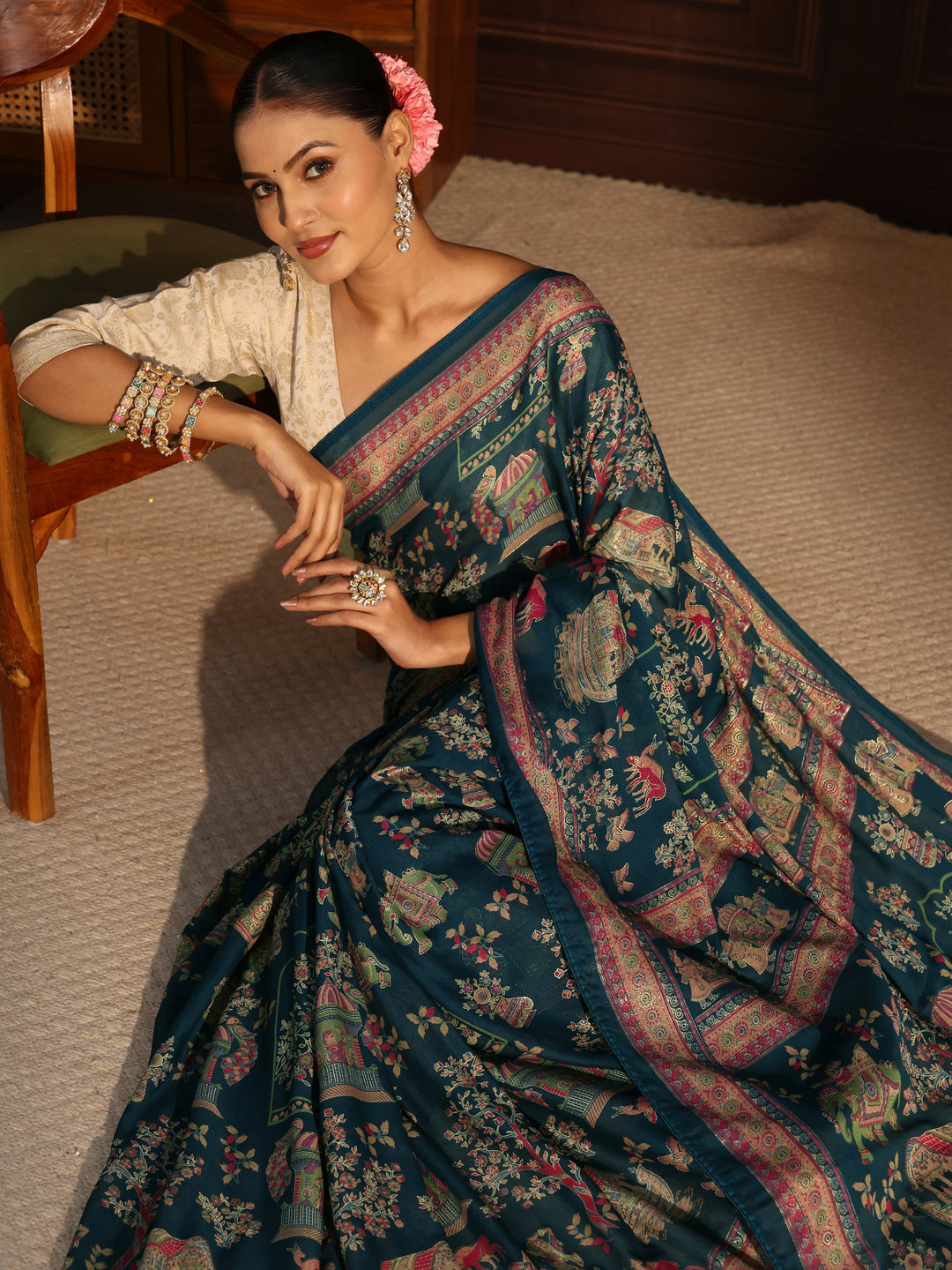 Libas Blue Ethnic Printed Georgette Saree