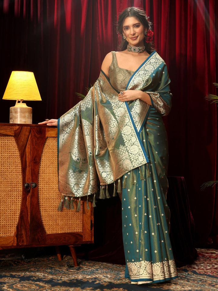Libas Blue Ethnic Woven Design Satin Saree