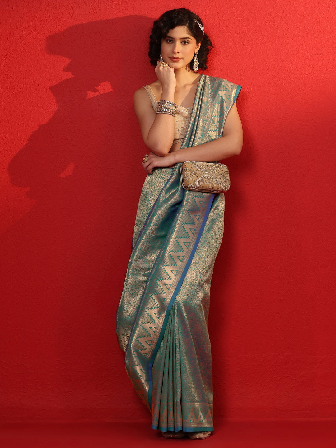 Libas Blue Ethnic Woven Design Silk Blend Tassel Saree