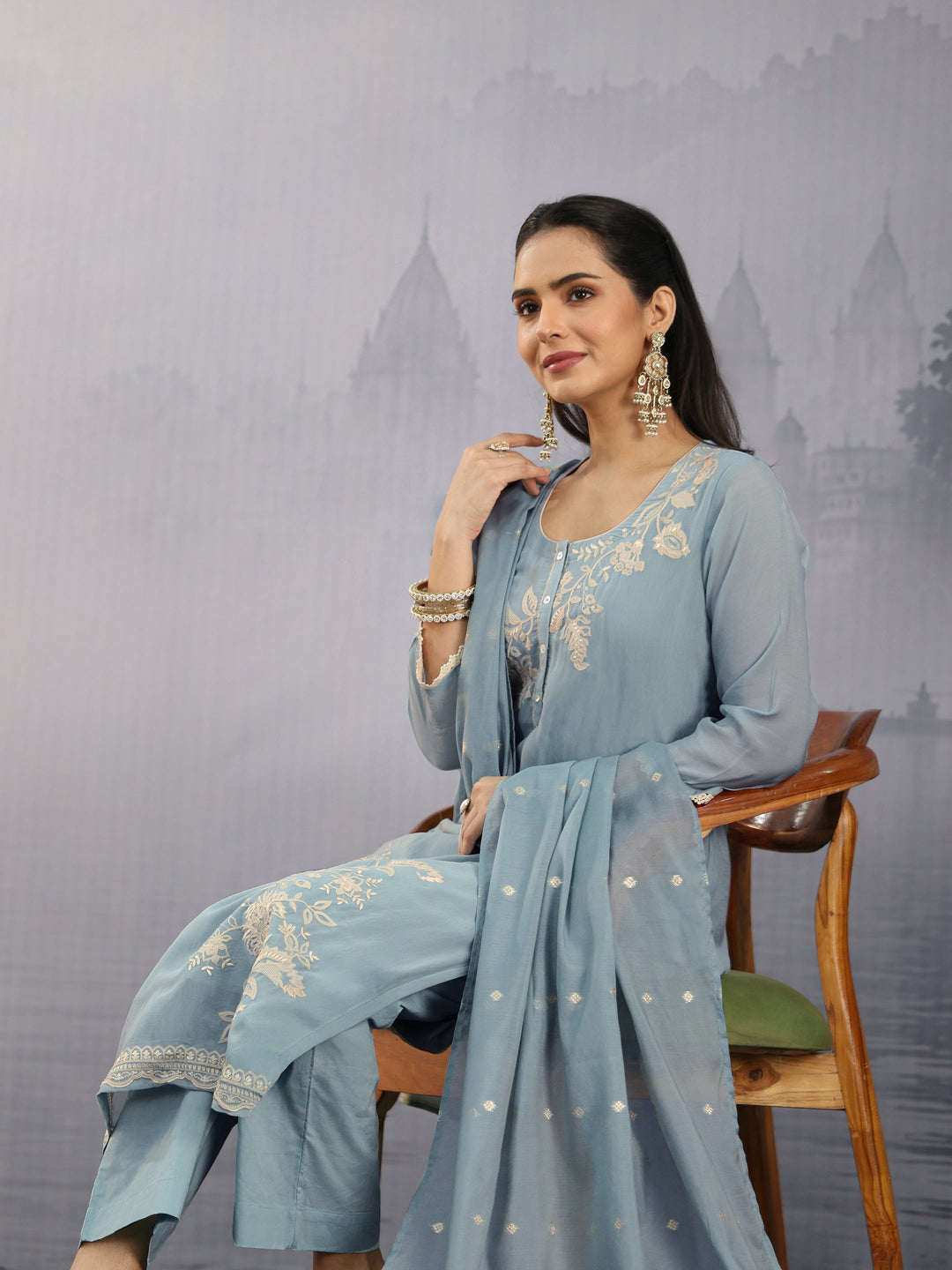 Libas Blue Floral Embroidered Chanderi Silk Straight Suit Set