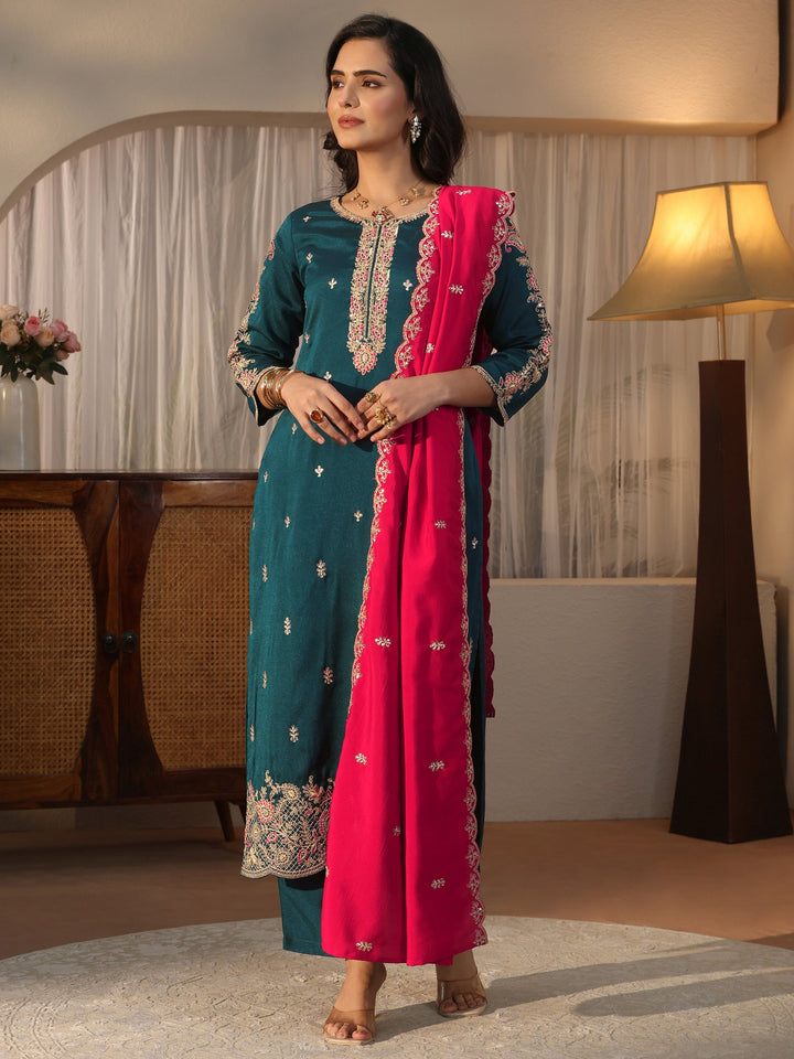 Libas Blue Floral Embroidered Chanderi Silk Straight Suit Set