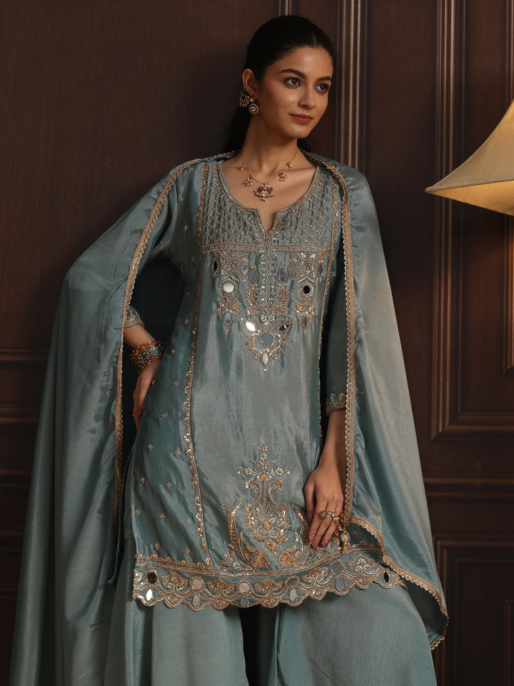 Libas  Blue Floral Embroidered Chinon Sharara Suit Set