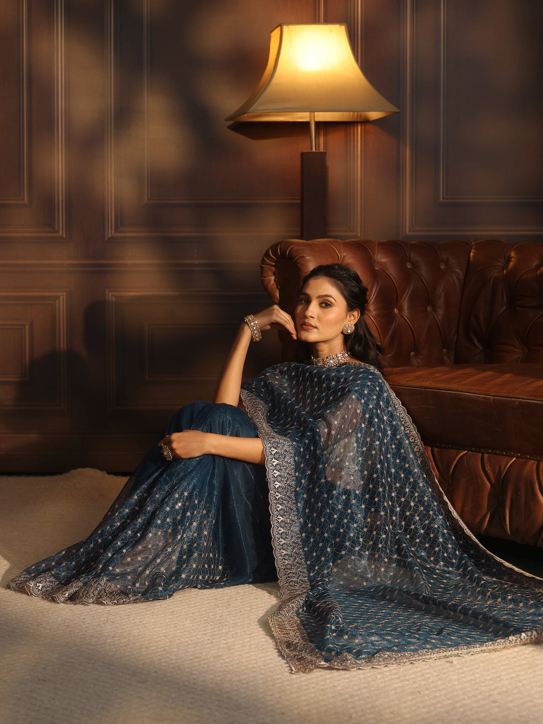Libas Blue Floral Embroidered Net Saree