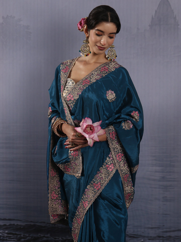 Libas Blue Floral Embroidered Satin Saree