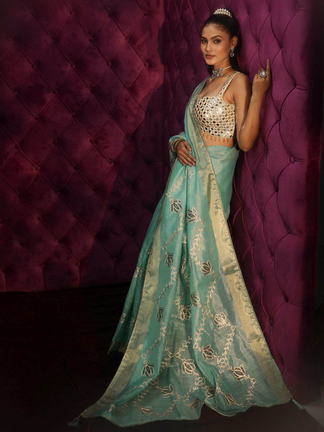 Libas Blue Floral Embroidered Silk Blend Saree