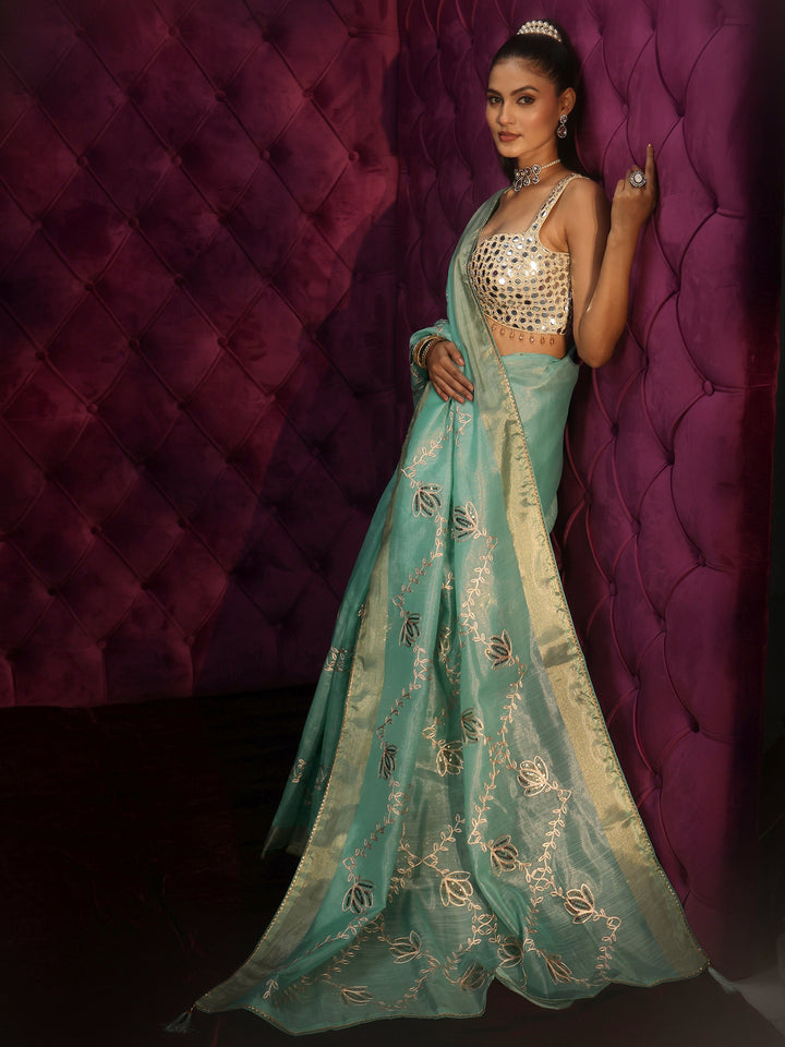 Libas Blue Floral Embroidered Silk Blend Saree