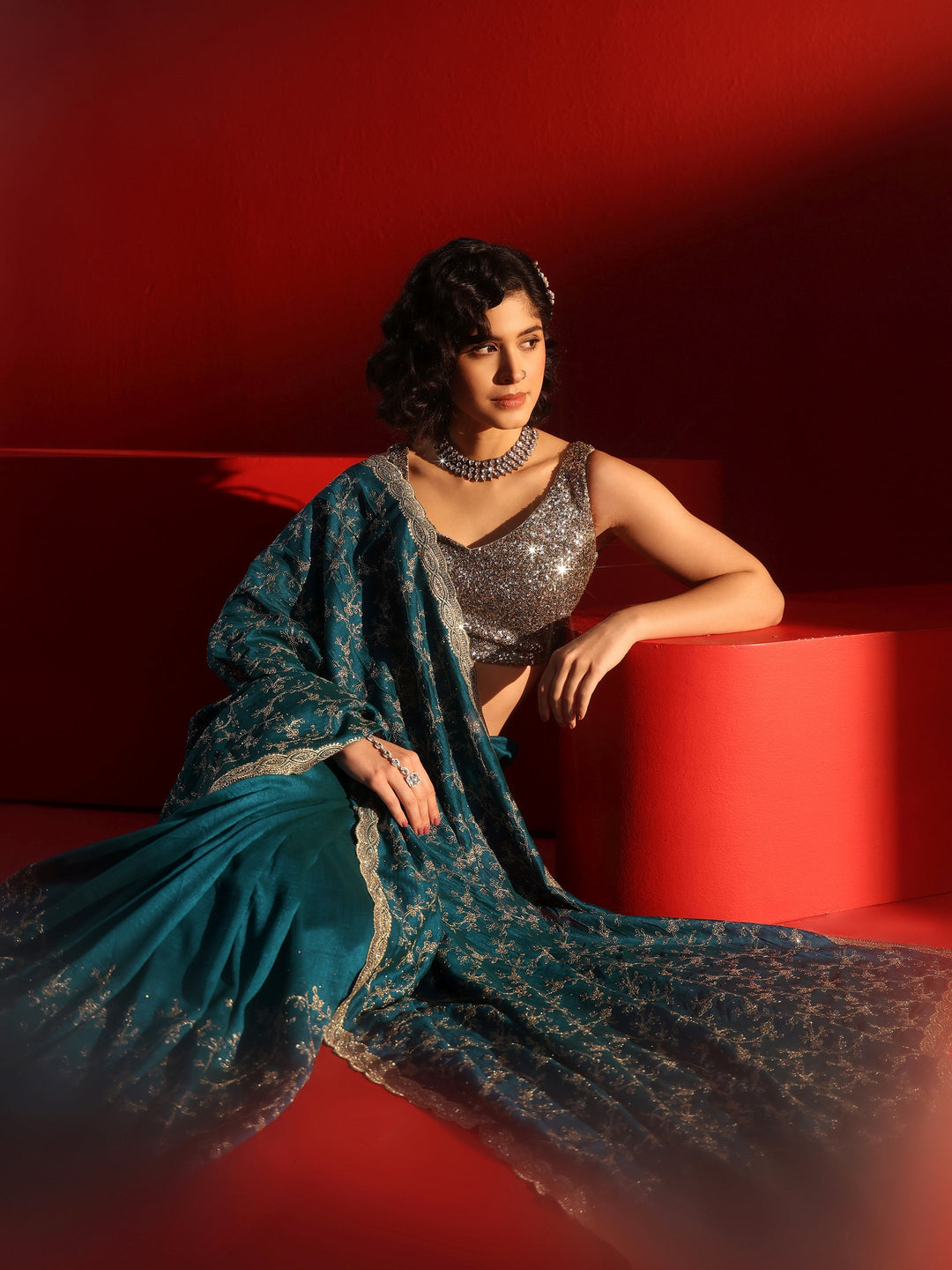 Libas Blue Floral Embroidered Silk Blend Saree with Embellished Border