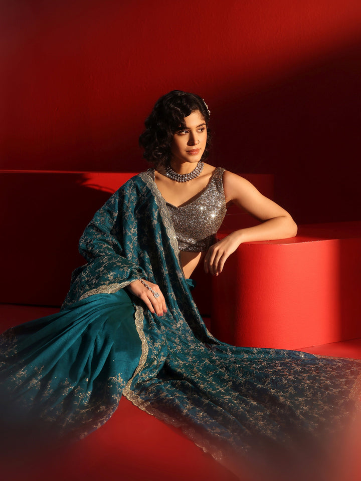 Libas Blue Floral Embroidered Silk Blend Saree with Embellished Border