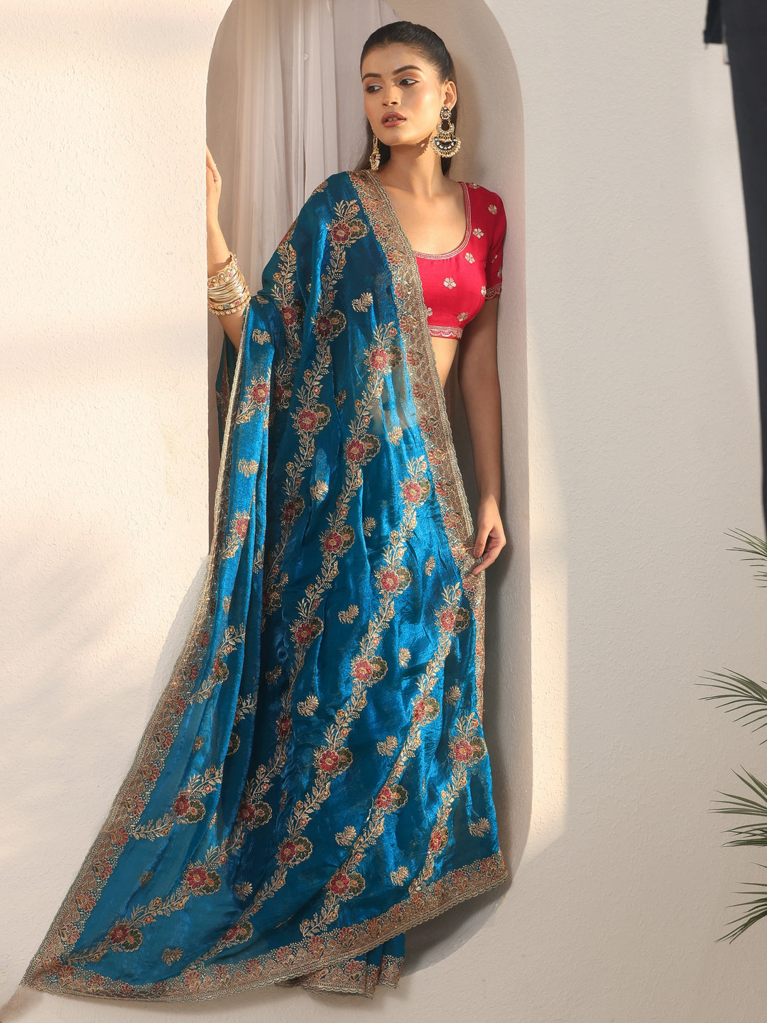 Libas Blue Floral Embroidered Tissue Saree