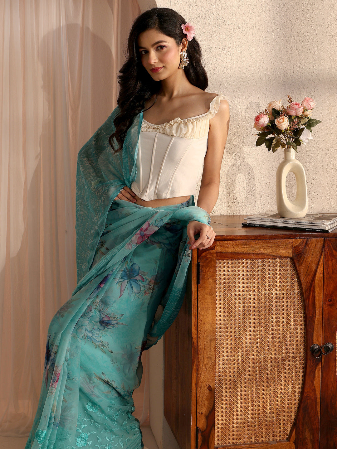 Libas Blue Floral Printed Chiffon Saree