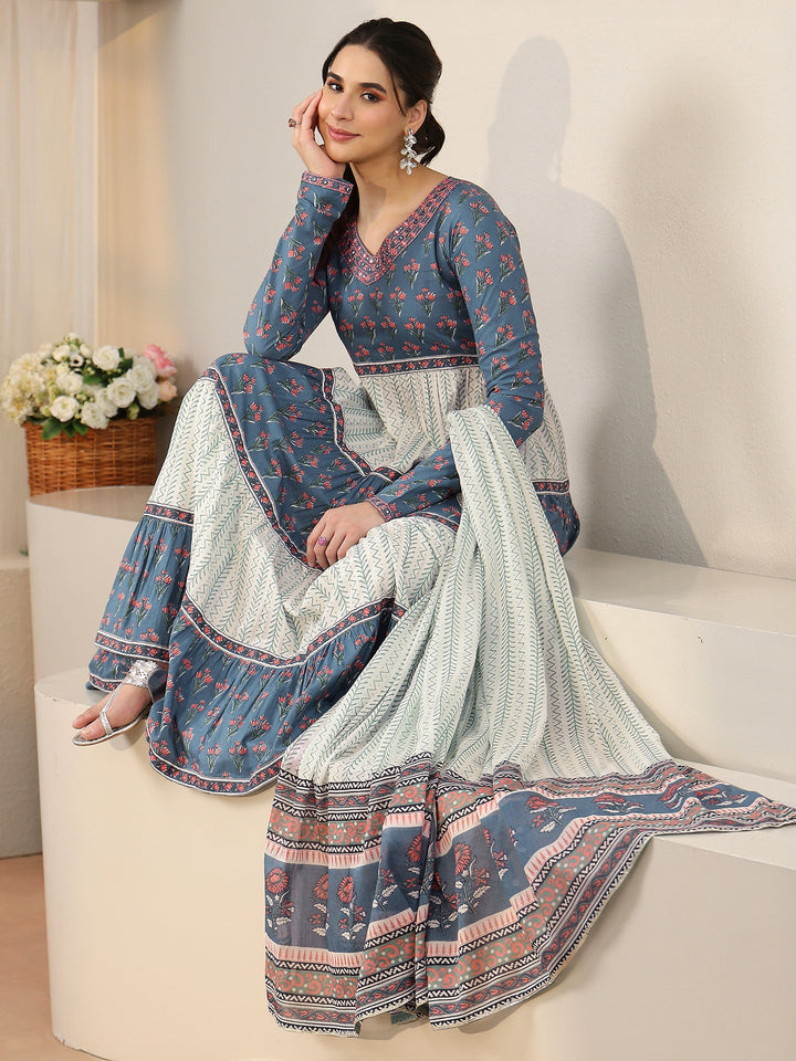 Libas Blue Floral Printed Cotton Anarkali Suit Set