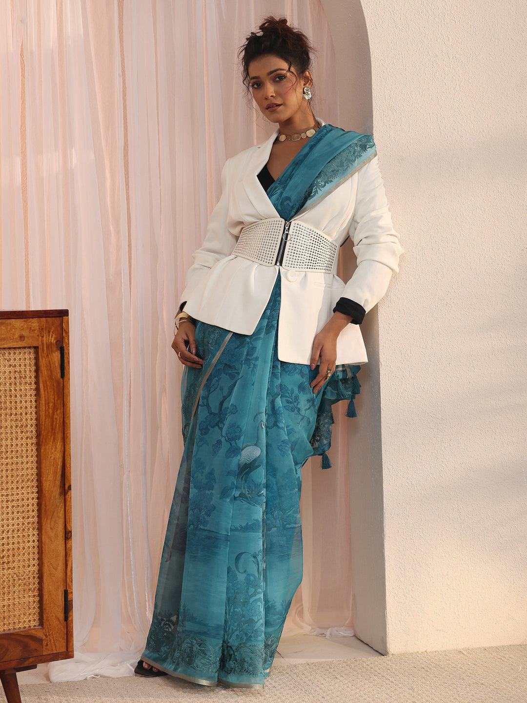 Libas Blue Floral Printed Organza Tassel Saree