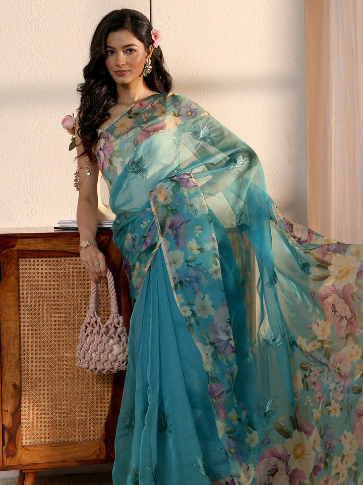 Libas Blue Floral Printed Organza Tassel Saree