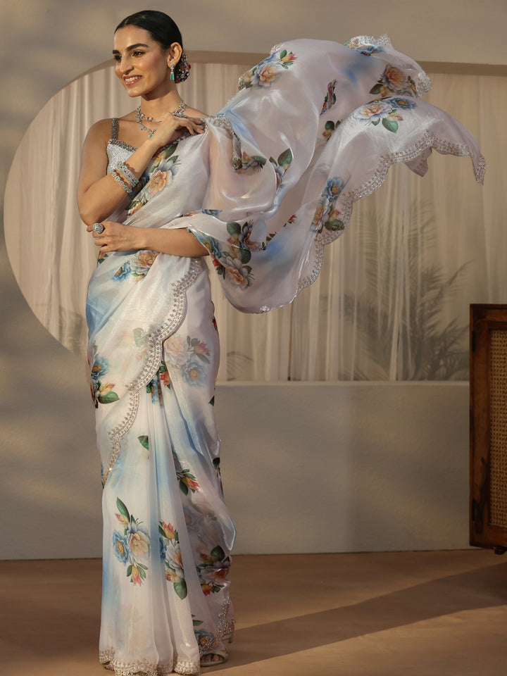 Libas Blue Floral Printed Satin Saree with Embellished Border