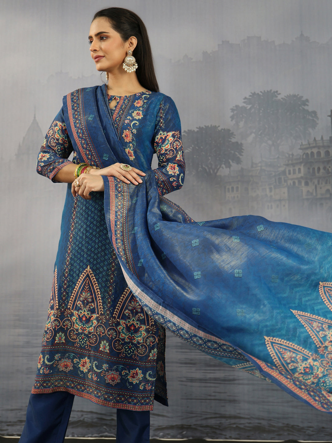 Libas Blue Floral Printed Silk Blend Straight Suit Set