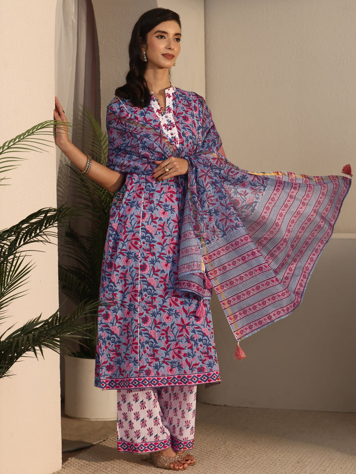 Libas Blue Floral Printed Sleeveless Cotton Straight Suit Set